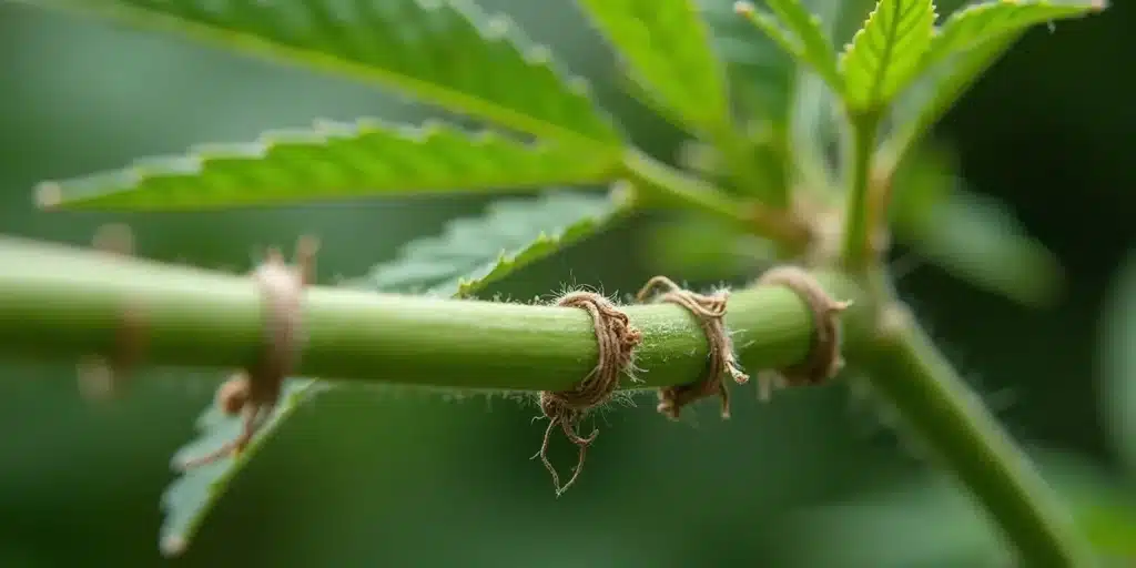 Close up of a cannabis stem tied gently with string, illustrating bending stems during flowering.