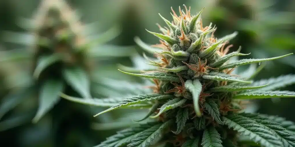 Close up of a healthy cannabis flower monitored for bud rot prevention.