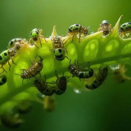 Aphids feeding on the underside of a cannabis leaf during the late flowering stage.