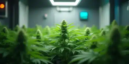 Autoflower cannabis plants in a well-lit indoor grow room with controlled humidity.