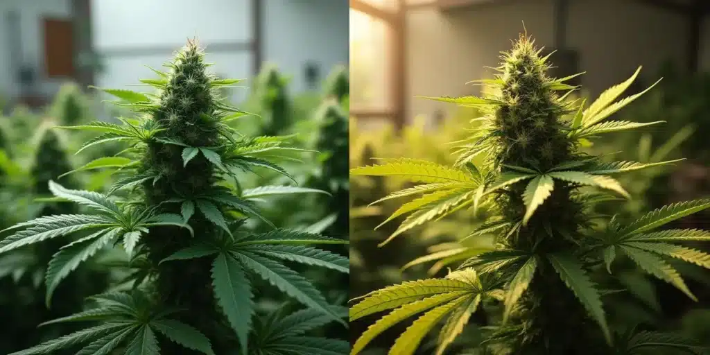 Close up of healthy cannabis flowers in late flowering stage, free from aphids and pests.