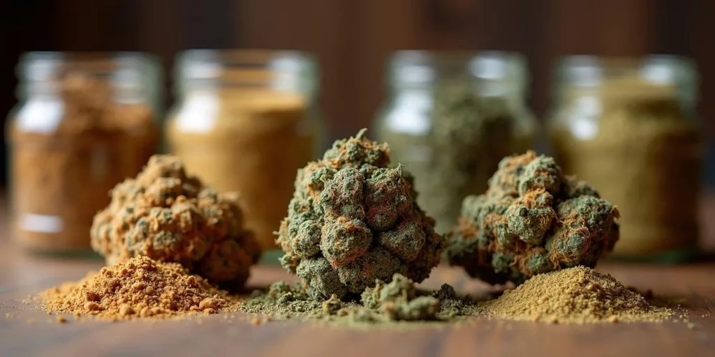 Cannabis buds with different grades of dry sift hash in piles.