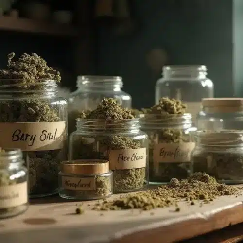 Glass jars filled with cannabis buds and sifted hash for dry sift process.