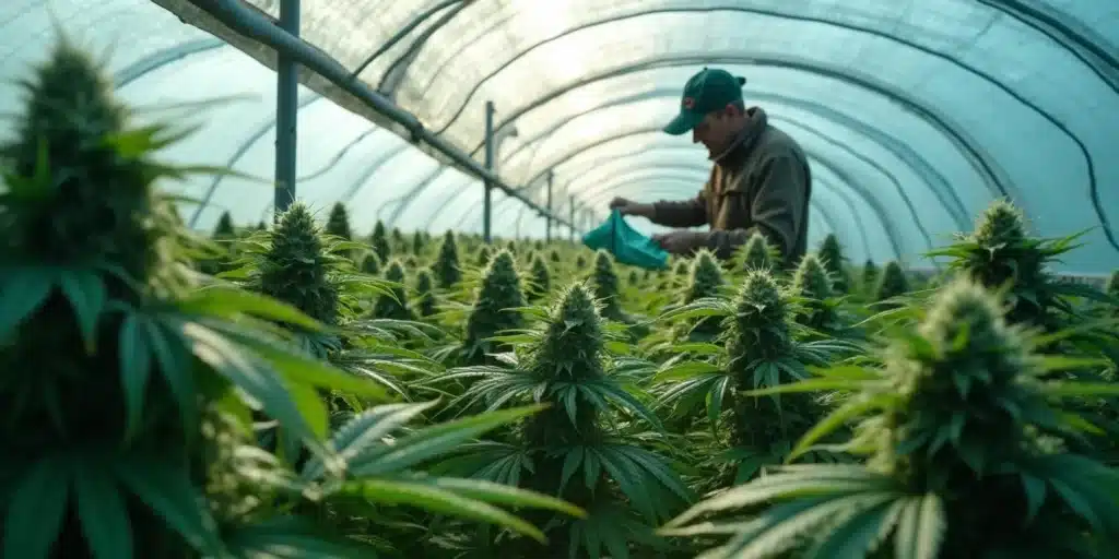Thriving light dep cannabis strains in an outdoor grow setup with protective netting.