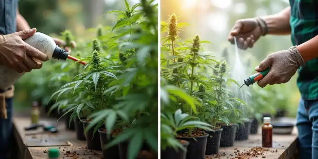 Growers applying pest control spray on cannabis plants to manage aphids during late flowering.