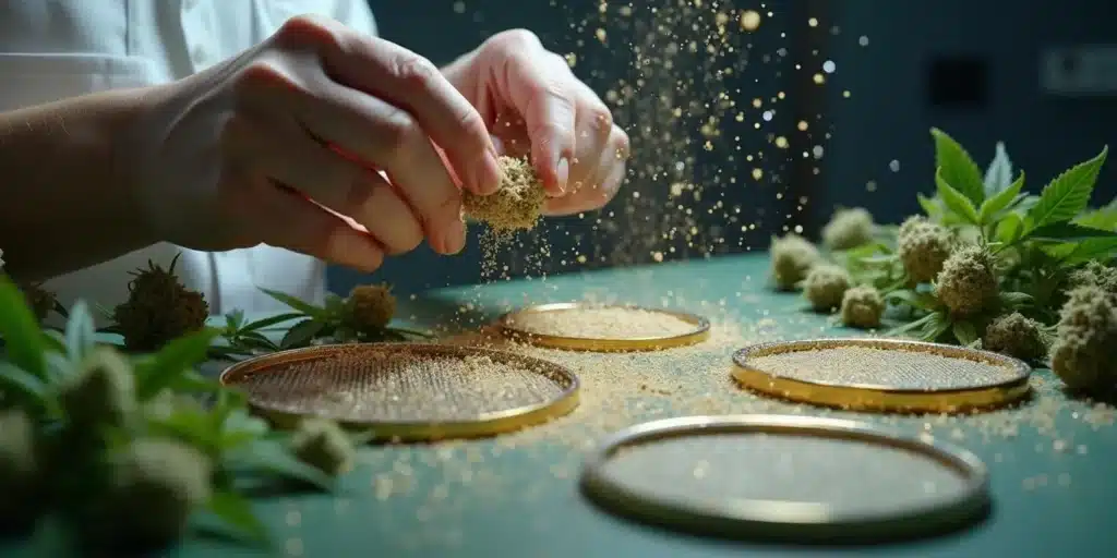 Hands sifting cannabis buds through fine mesh screens for dry sift hash.