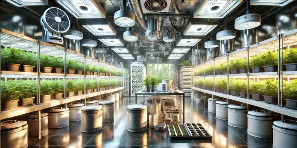 Well-lit grow room with ventilation systems, multiple shelves of potted plants, and cleaning tools for maintenance and mildew prevention