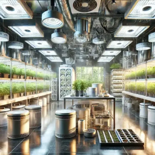 Well-lit grow room with ventilation systems, multiple shelves of potted plants, and cleaning tools for maintenance and mildew prevention
