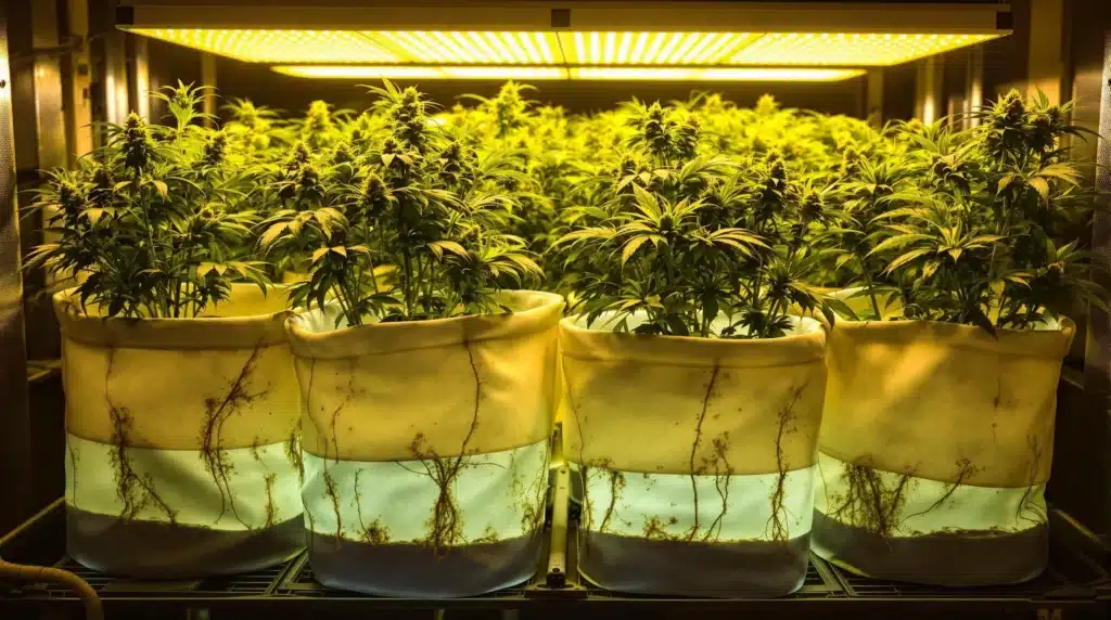Cannabis plants in fabric pots under grow lights in an indoor setup.
