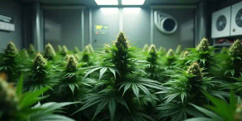 Indoor cannabis grow room with proper ventilation for bud rot prevention.
