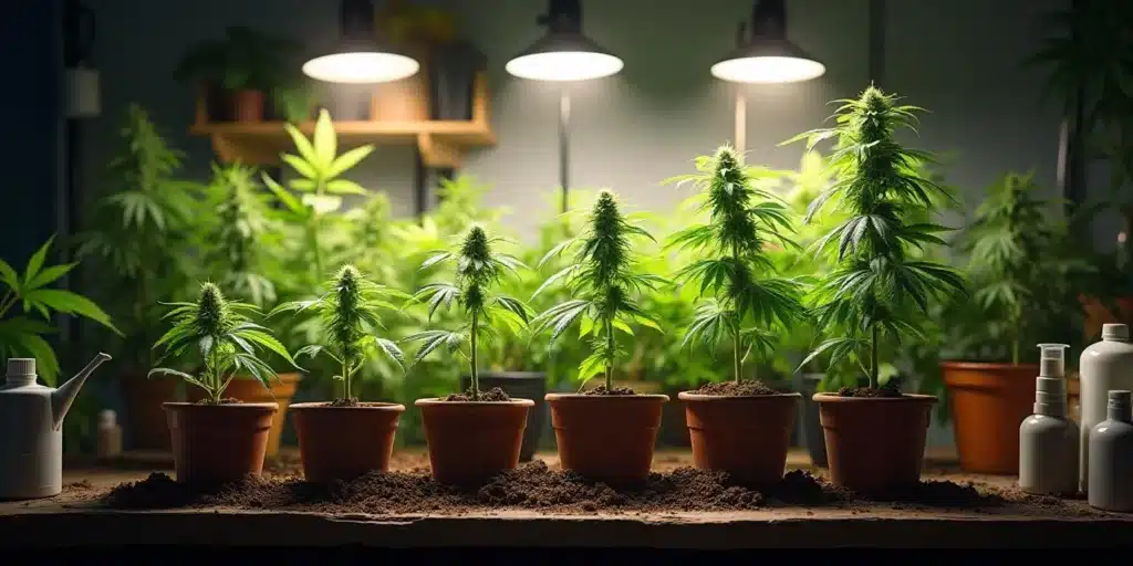 Indoor cannabis plants under grow lights with the best potting soil for growing weed.