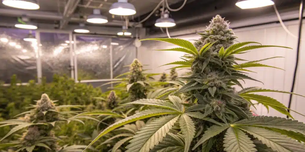 Close-up of Lemon Garlic cannabis plants in an indoor grow room with optimized lighting and ventilation systems