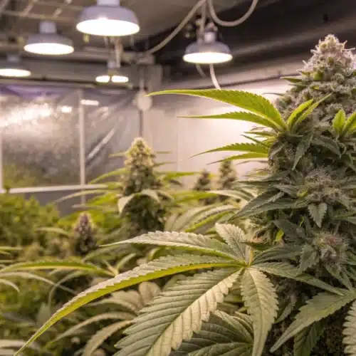 Close-up of Lemon Garlic cannabis plants in an indoor grow room with optimized lighting and ventilation systems