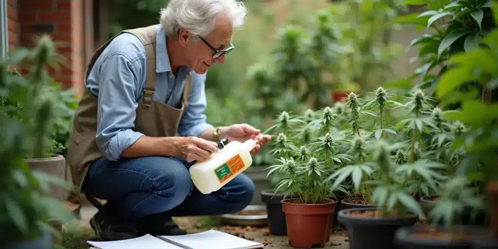 Man applying the best bloom fertilizer to outdoor pot plants
