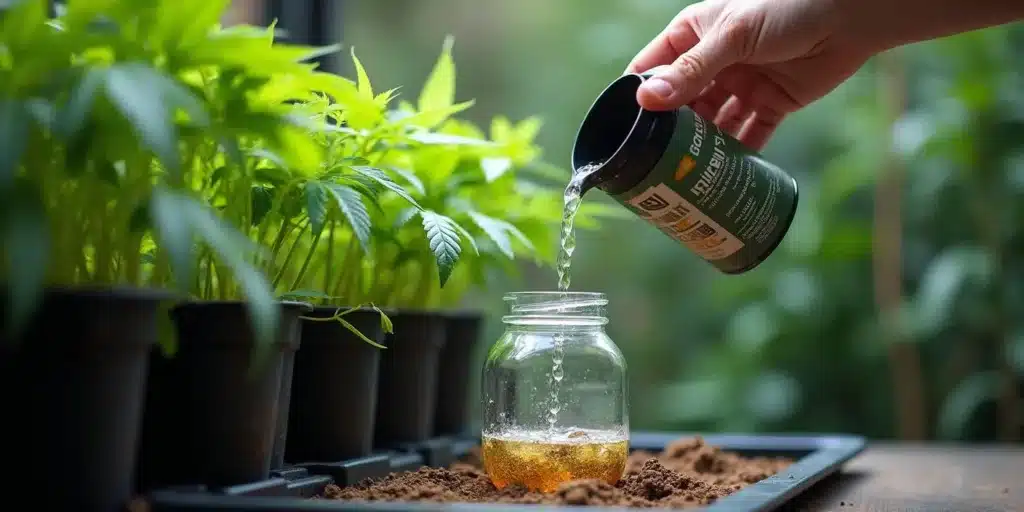 Preparing nutrients for cannabis plants during autoflower week 2.