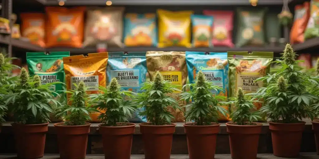 Cannabis pot plants in a store with various best bloom fertilizers displayed