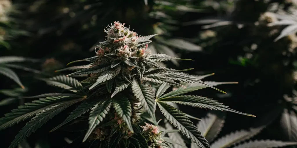 A blooming Sweet Black Rose cannabis plant with purple tinged buds