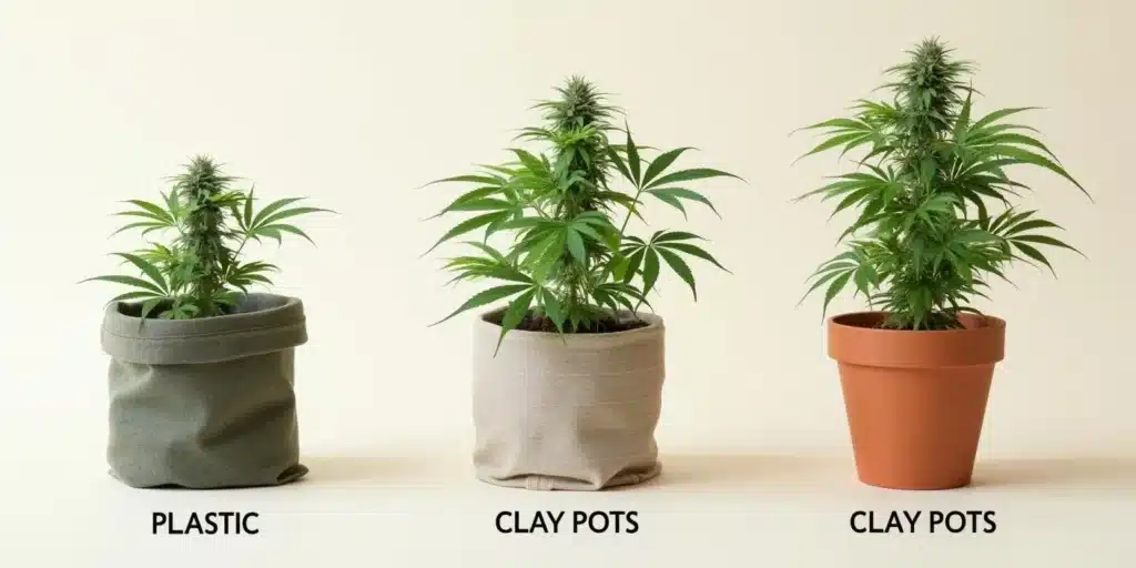 Three cannabis plants in different containers: plastic, fabric, and clay pots.