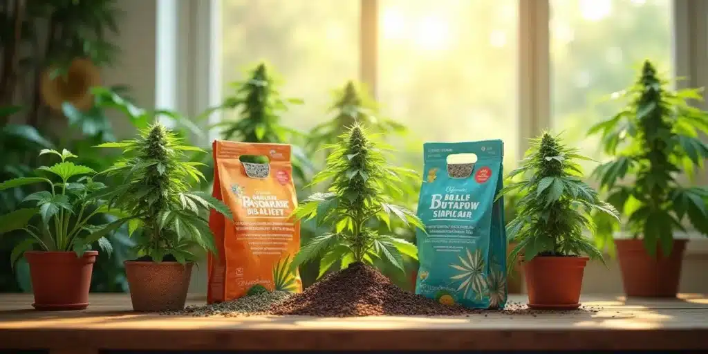 Two bags of best bloom fertilizer for pot plants displayed with cannabis plants
