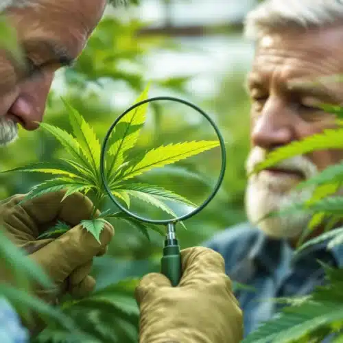 Two senior growers inspecting cannabis leaves closely for signs of healthy soil amendments.