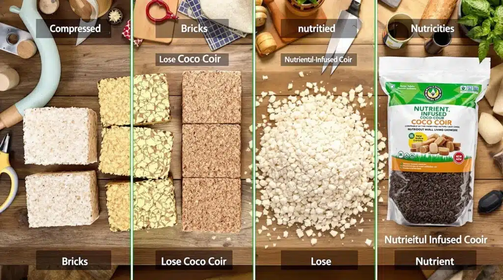 Different types of coco coir bricks and nutrient-infused options