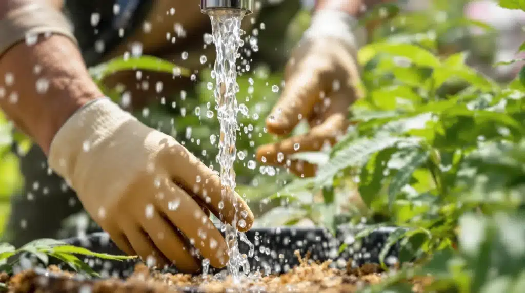 Hands watering cannabis plants using coco coir medium