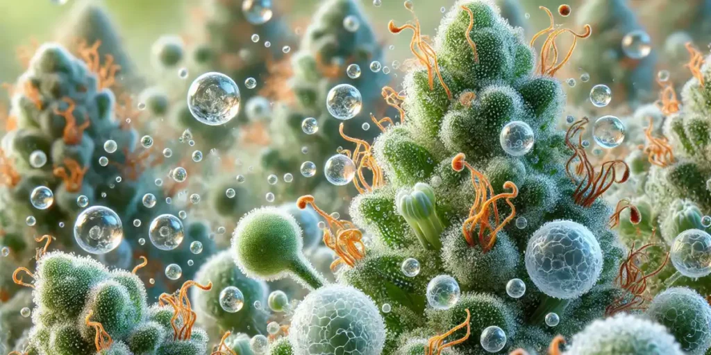 Close-up of cannabis buds covered in trichomes and pistils, with floating visual elements emphasizing trichome development