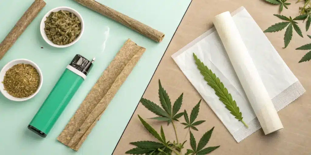 Comparison of hemp wraps and rolling papers with cannabis, lighter, and grinder on a split background showing different rolling materials