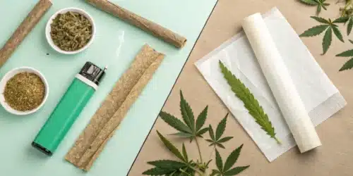 Comparison of hemp wraps and rolling papers with cannabis, lighter, and grinder on a split background showing different rolling materials