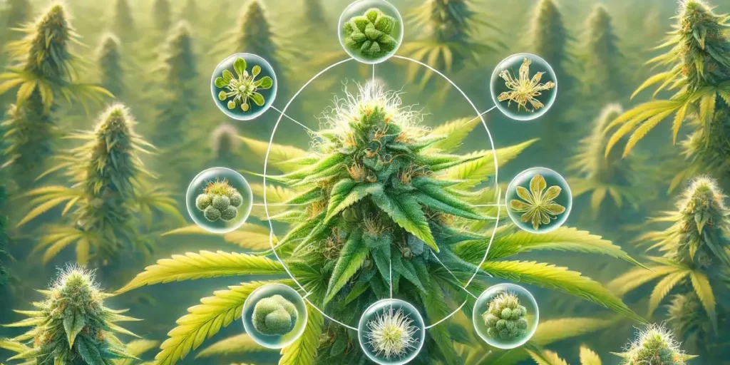 Cannabis plant with focus on trichomes, surrounded by circular visuals detailing different stages of trichome and flower development