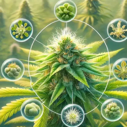 Cannabis plant with focus on trichomes, surrounded by circular visuals detailing different stages of trichome and flower development