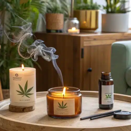 Lit cannabis-scented candles on a round wooden table in a cozy living room, with essential oils and incense tools creating a relaxing atmosphere