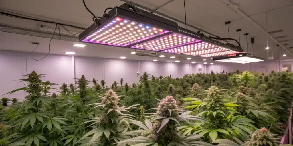 Indoor cannabis cultivation with dense buds under high-intensity LED grow lights, optimizing PPFD levels for flowering