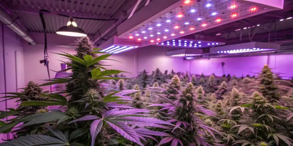 Cannabis plants in full bloom under LED grow lights with purple hues, enhancing flowering phase in an indoor grow room