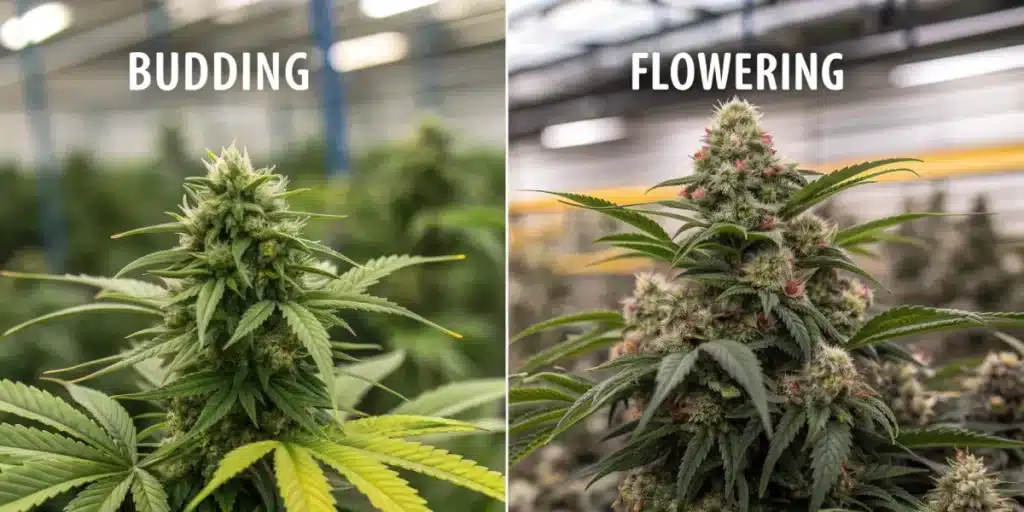 Comparison of cannabis plants in budding and flowering phases, showing bud development and trichome density in an indoor grow facility