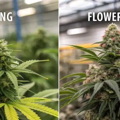 Comparison of cannabis plants in budding and flowering phases, showing bud development and trichome density in an indoor grow facility