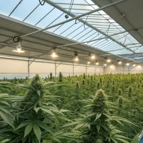 commercial cannabis facility with rows of flowering plants under mixed light