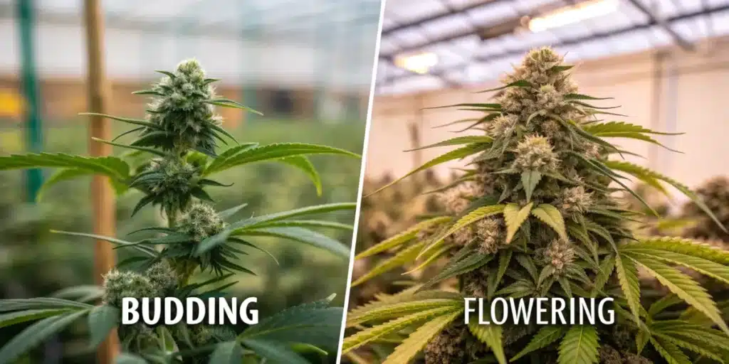 Side-by-side comparison of cannabis plants in budding and flowering stages, highlighting differences in bud size and leaf color in a greenhouse setting