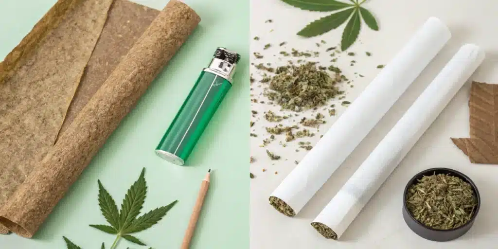 Side-by-side view of hemp wraps and rolling papers with cannabis leaves, lighter, and pre-rolled joints on a light green and beige background