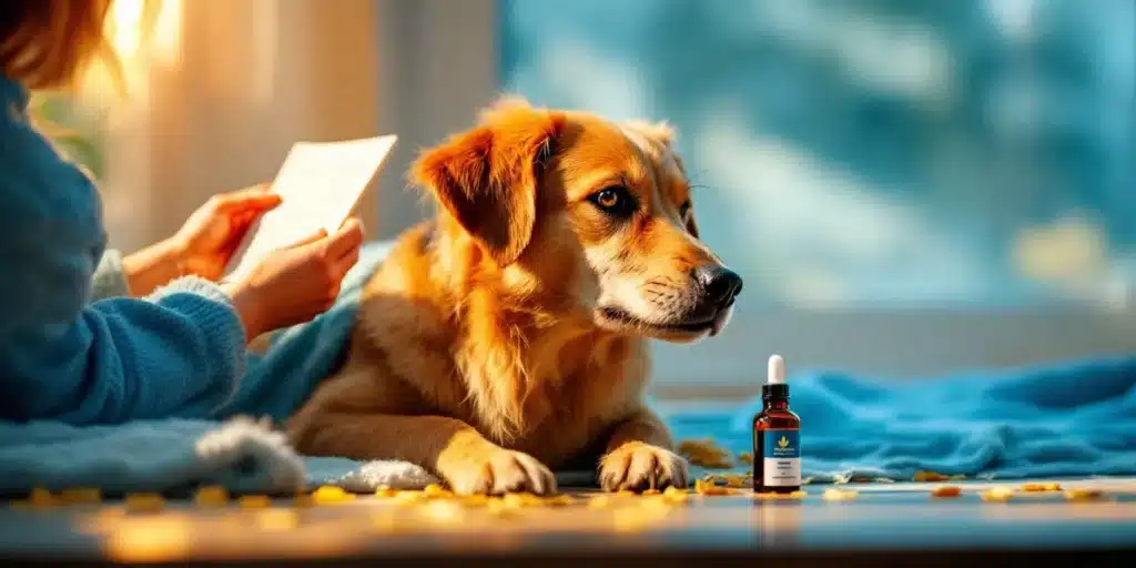 A calm golden retriever lying on a cozy blanket with a CBD oil dropper beside it. 