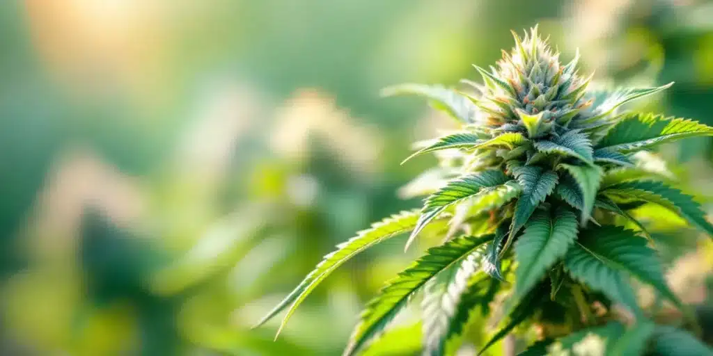 A close-up of a fresh hemp plant in sunlight, highlighting the natural source of CBD for flu relief.