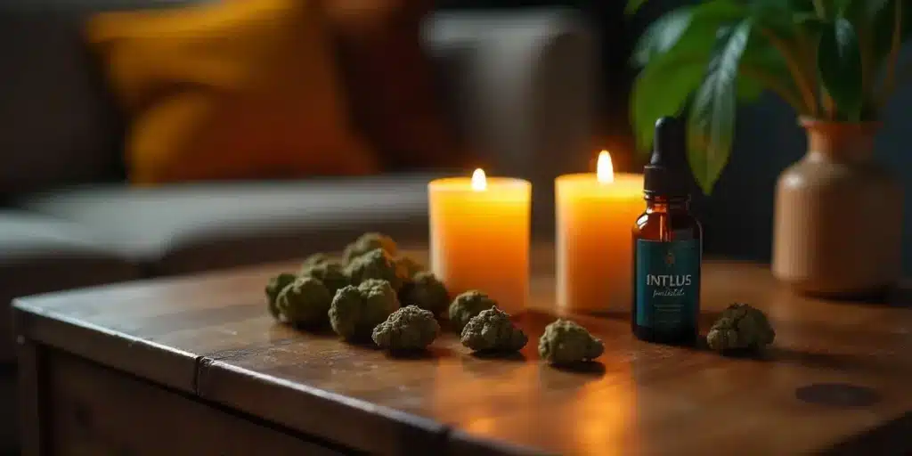 A cozy living room setting with lit candles and cannabis buds on a wooden table, creating a relaxing ambiance with the best candles for weed smell elimination.