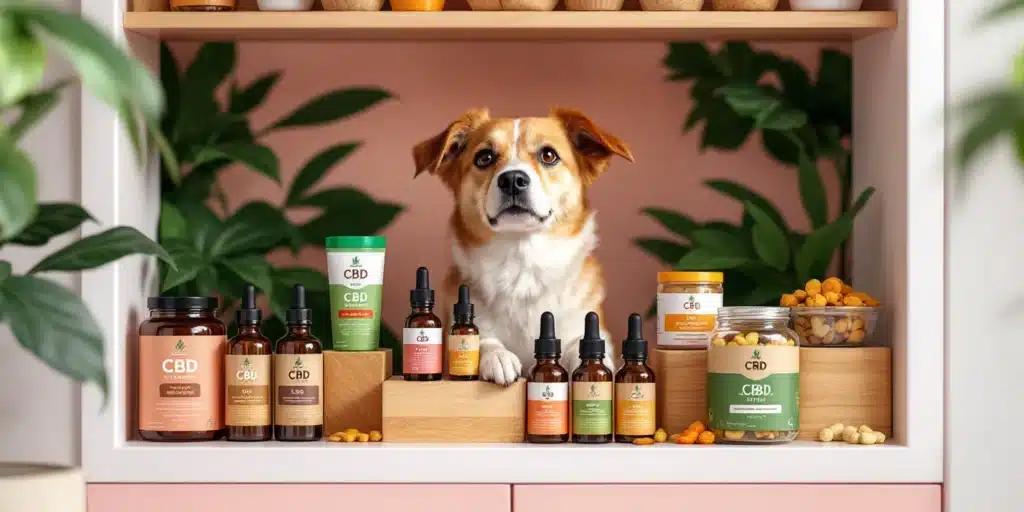 A happy dog surrounded by various CBD products, including oils, treats, and supplements. 