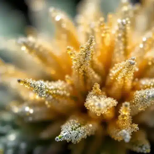 A highly detailed close-up of cannabis trichomes viewed under a microscope.