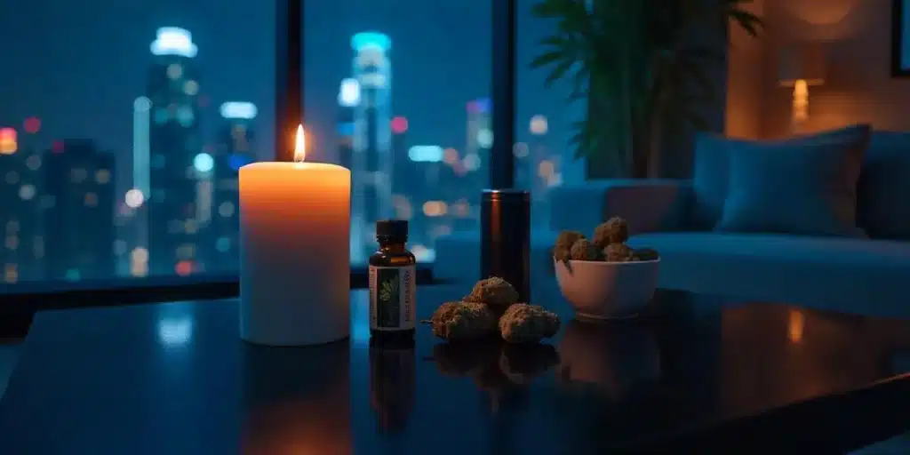 A modern city apartment at night featuring a candle, cannabis buds, and a bottle of essential oil, showcasing the best candles for weed smell control.