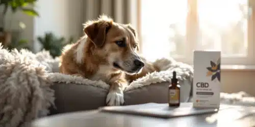 A relaxed dog lounging on a fluffy bed next to a CBD oil bottle and packaging.