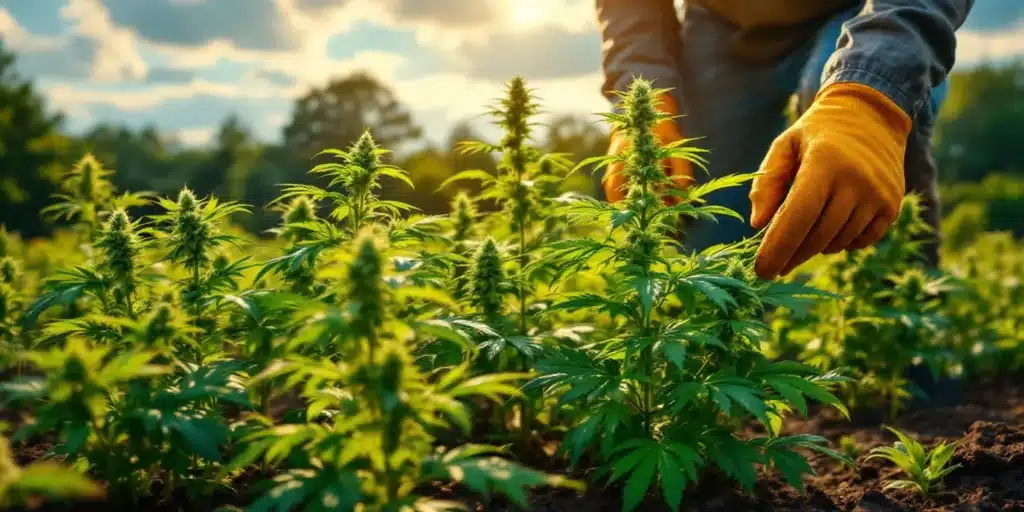 A cannabis farmer carefully performing basal defoliation on outdoor plants to promote airflow and healthier bud development.
