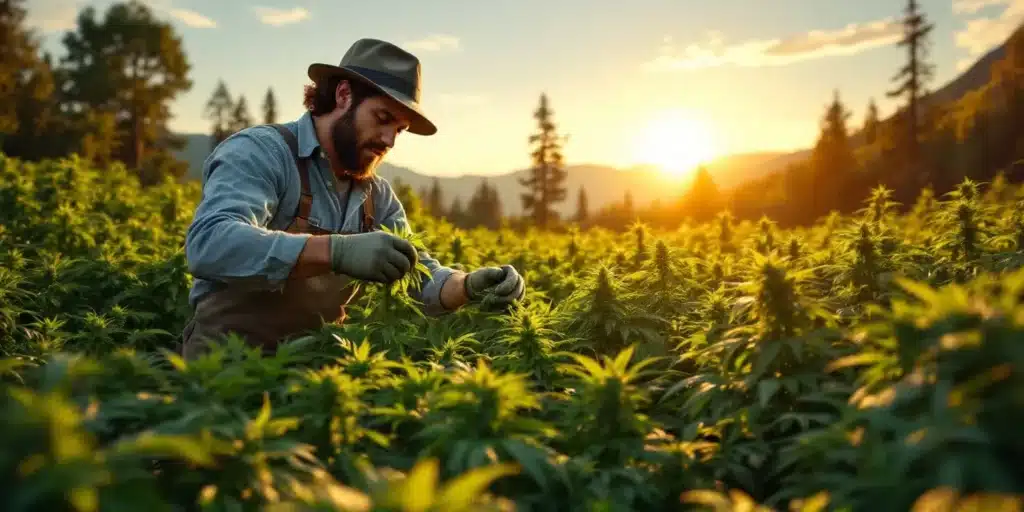 A cannabis farmer carefully performing basal defoliation on a large outdoor cannabis field at sunset to improve airflow and bud development.