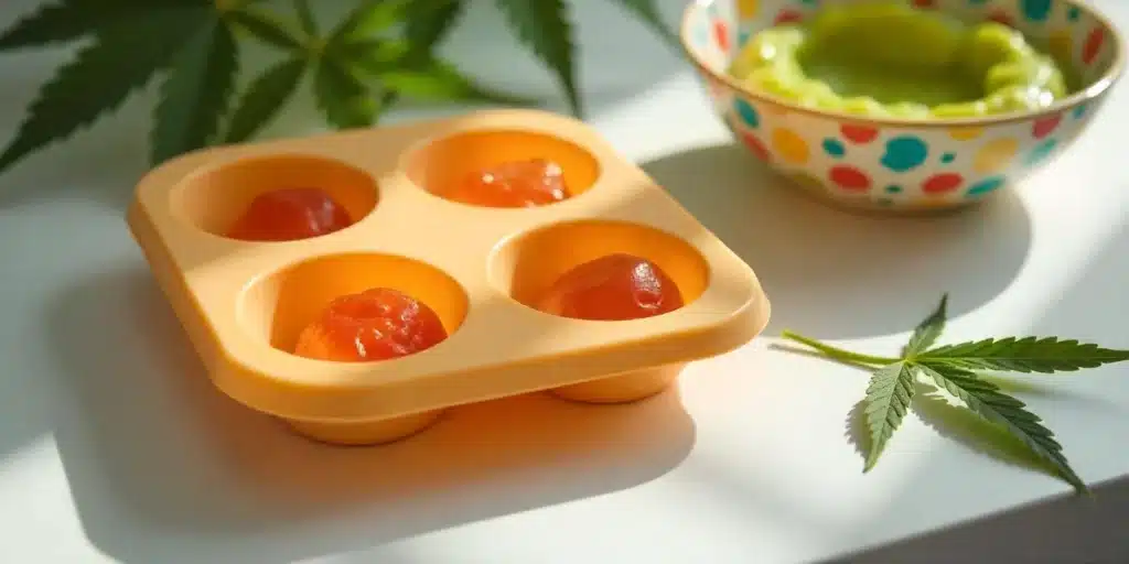 A silicone mold with freshly made cannabis-infused gummies using the best cannabutter gummy recipe, placed on a white countertop with cannabis leaves and a bowl of green mixture.