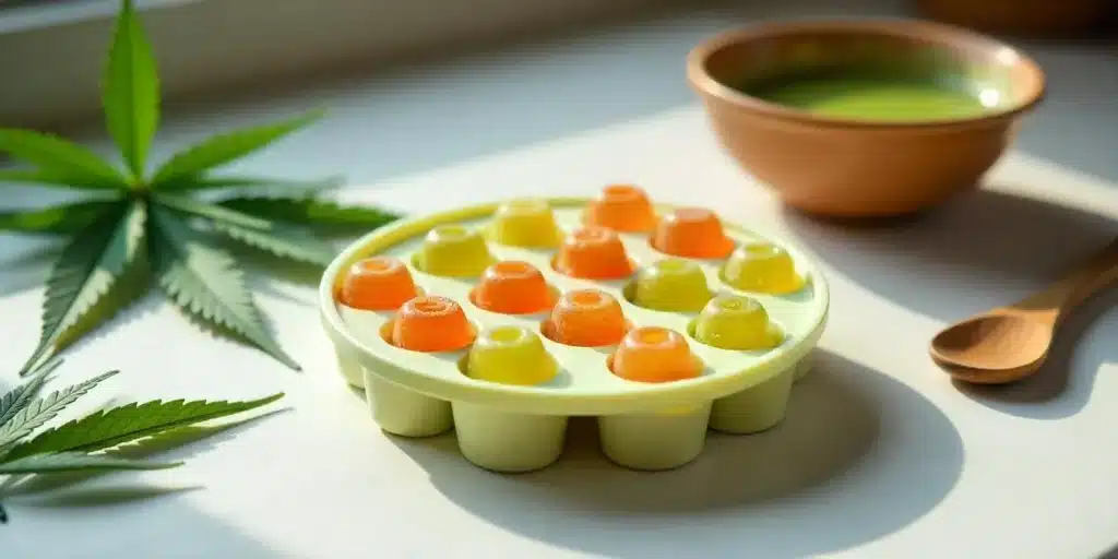 A tray of homemade cannabis gummies in orange and green hues, made with the best cannabutter gummy recipe, alongside cannabis leaves and a wooden spoon.